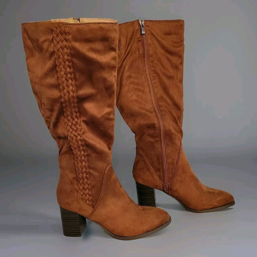 Easy Street Tan Faux Suede Wide Calf Knee High Boots Braided Block Heel Size 8